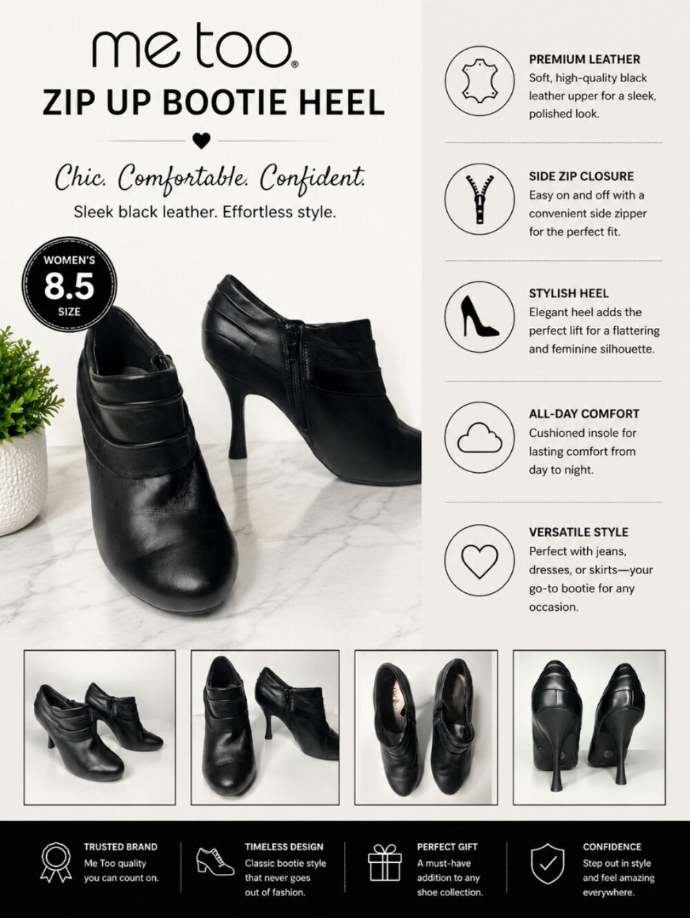 ME TOO black leather upper zip up bootie heel 8.5